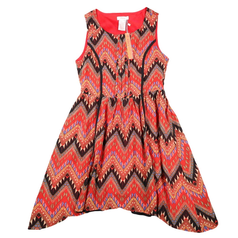 Esley Collection Dress Womens Small Red Geometric Chevron Handkerchief Hem NWT